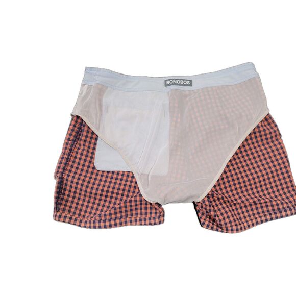 BONOBOS Board Shorts Men's 32x5 Pink Navy Blue Checked Gingham Lined Swim Trunks - Picture 5 of 10